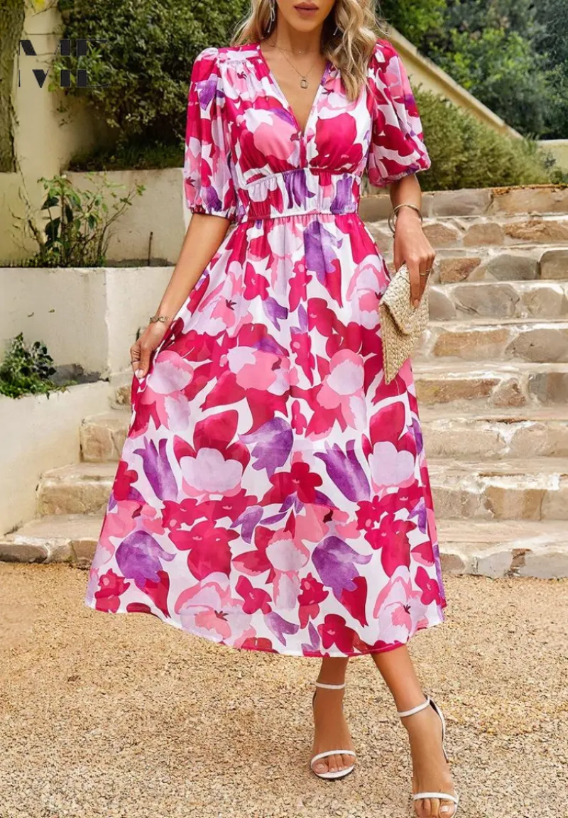 Monica  Elegant Floral Midi Dress