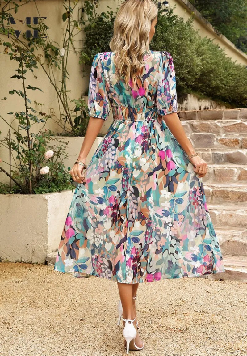 Monica  Elegant Floral Midi Dress