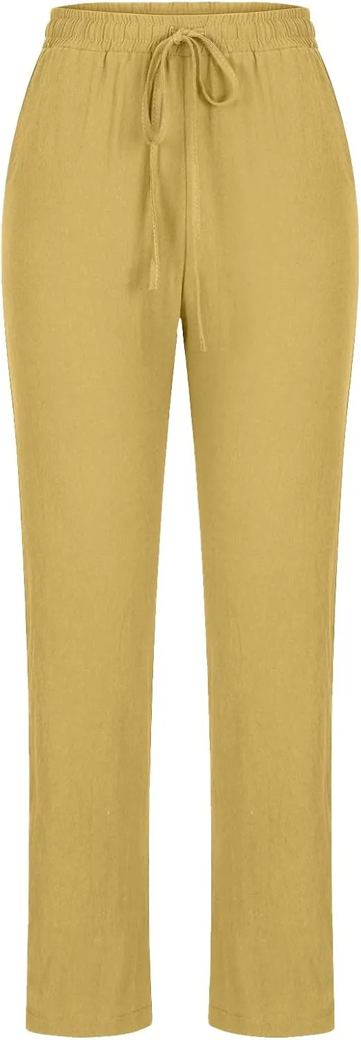NATHGAM Womens Straight Leg Pants Cotton Linen Sweatpants Elastic Waist Drawstring Trousers Summer Comfy Casual Beach Pants