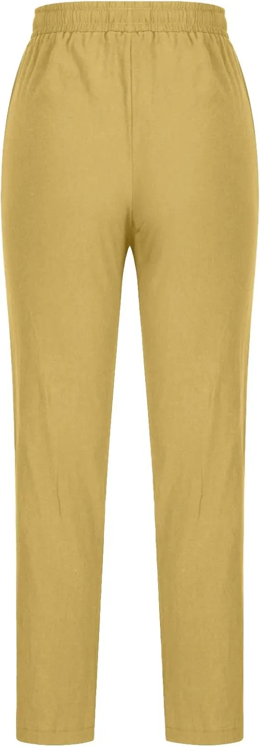 NATHGAM Womens Straight Leg Pants Cotton Linen Sweatpants Elastic Waist Drawstring Trousers Summer Comfy Casual Beach Pants