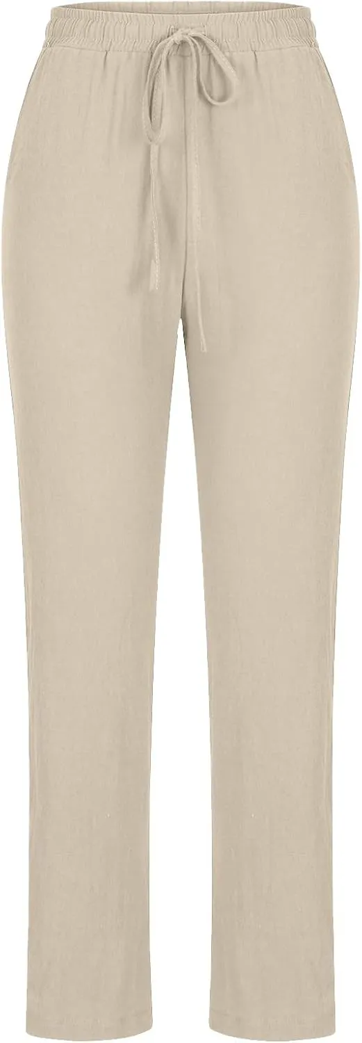 NATHGAM Womens Straight Leg Pants Cotton Linen Sweatpants Elastic Waist Drawstring Trousers Summer Comfy Casual Beach Pants