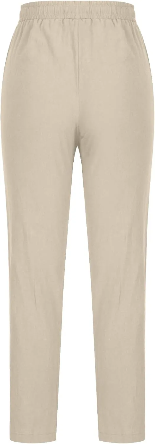 NATHGAM Womens Straight Leg Pants Cotton Linen Sweatpants Elastic Waist Drawstring Trousers Summer Comfy Casual Beach Pants