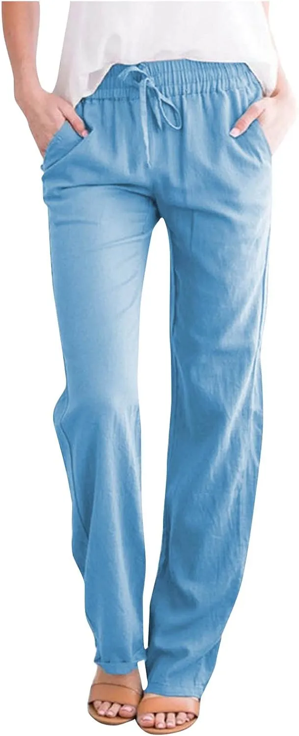 NATHGAM Womens Straight Leg Pants Cotton Linen Sweatpants Elastic Waist Drawstring Trousers Summer Comfy Casual Beach Pants