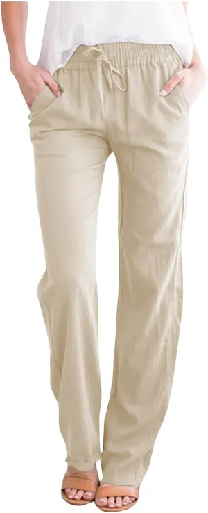 NATHGAM Womens Straight Leg Pants Cotton Linen Sweatpants Elastic Waist Drawstring Trousers Summer Comfy Casual Beach Pants