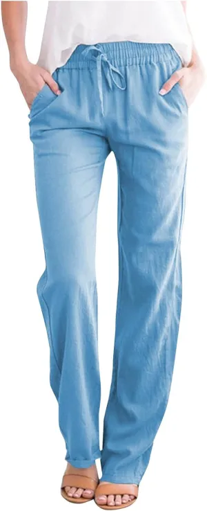 NATHGAM Womens Straight Leg Pants Cotton Linen Sweatpants Elastic Waist Drawstring Trousers Summer Comfy Casual Beach Pants