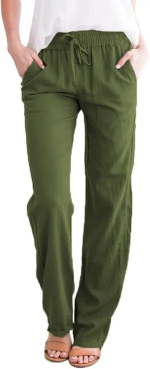 NATHGAM Womens Straight Leg Pants Cotton Linen Sweatpants Elastic Waist Drawstring Trousers Summer Comfy Casual Beach Pants