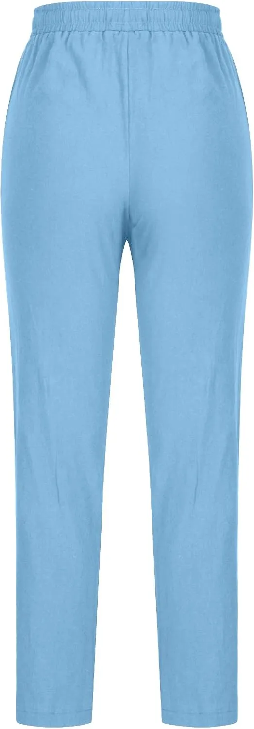 NATHGAM Womens Straight Leg Pants Cotton Linen Sweatpants Elastic Waist Drawstring Trousers Summer Comfy Casual Beach Pants