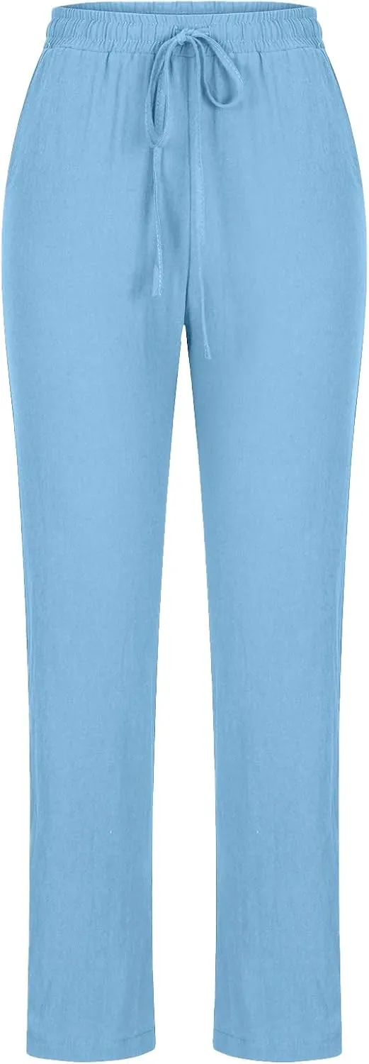 NATHGAM Womens Straight Leg Pants Cotton Linen Sweatpants Elastic Waist Drawstring Trousers Summer Comfy Casual Beach Pants