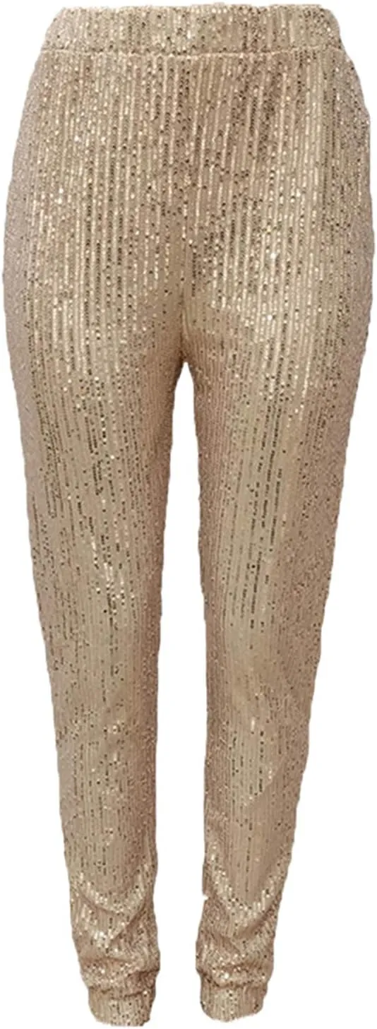nqgsntc Women Casual Sequin Sparkle Glitter High Waist Pencil Pants Trousers Clubwear