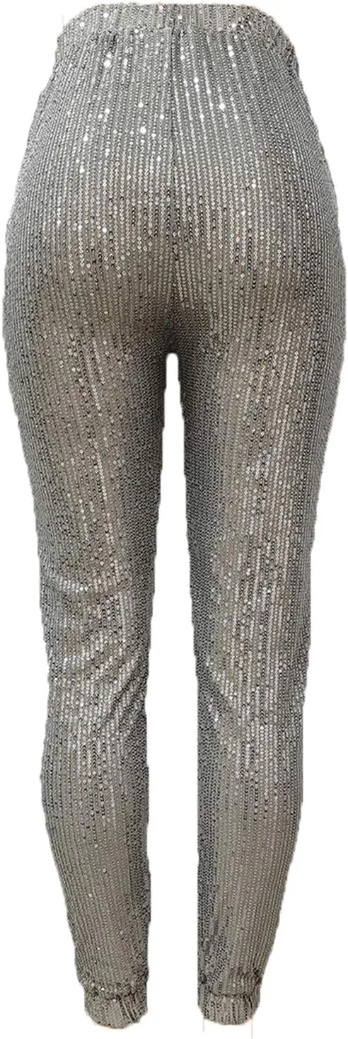 nqgsntc Women Casual Sequin Sparkle Glitter High Waist Pencil Pants Trousers Clubwear