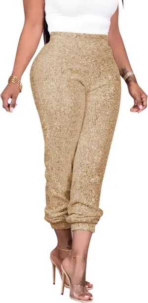 nqgsntc Women Casual Sequin Sparkle Glitter High Waist Pencil Pants Trousers Clubwear