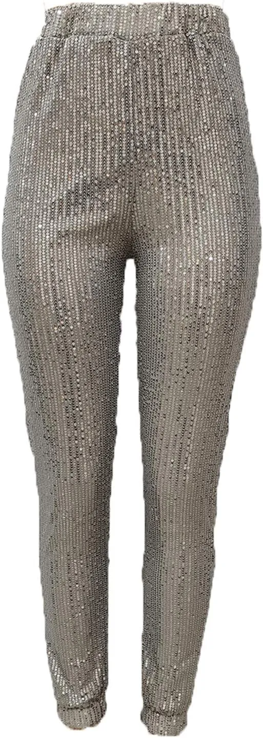 nqgsntc Women Casual Sequin Sparkle Glitter High Waist Pencil Pants Trousers Clubwear
