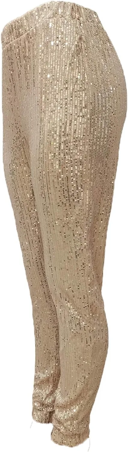 nqgsntc Women Casual Sequin Sparkle Glitter High Waist Pencil Pants Trousers Clubwear