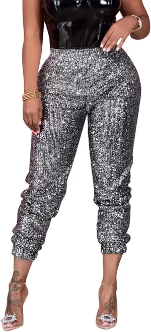 nqgsntc Women Casual Sequin Sparkle Glitter High Waist Pencil Pants Trousers Clubwear