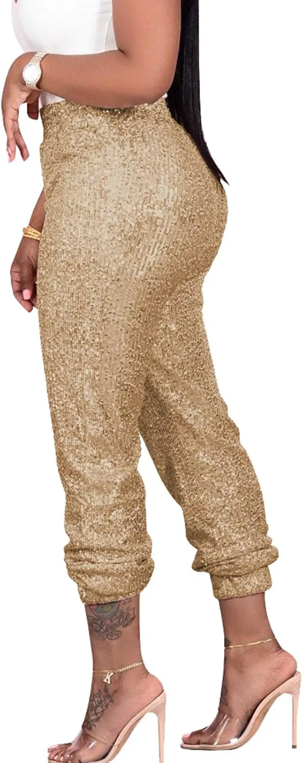nqgsntc Women Casual Sequin Sparkle Glitter High Waist Pencil Pants Trousers Clubwear