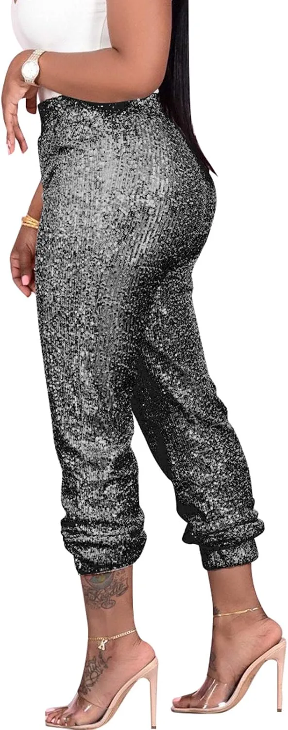 nqgsntc Women Casual Sequin Sparkle Glitter High Waist Pencil Pants Trousers Clubwear
