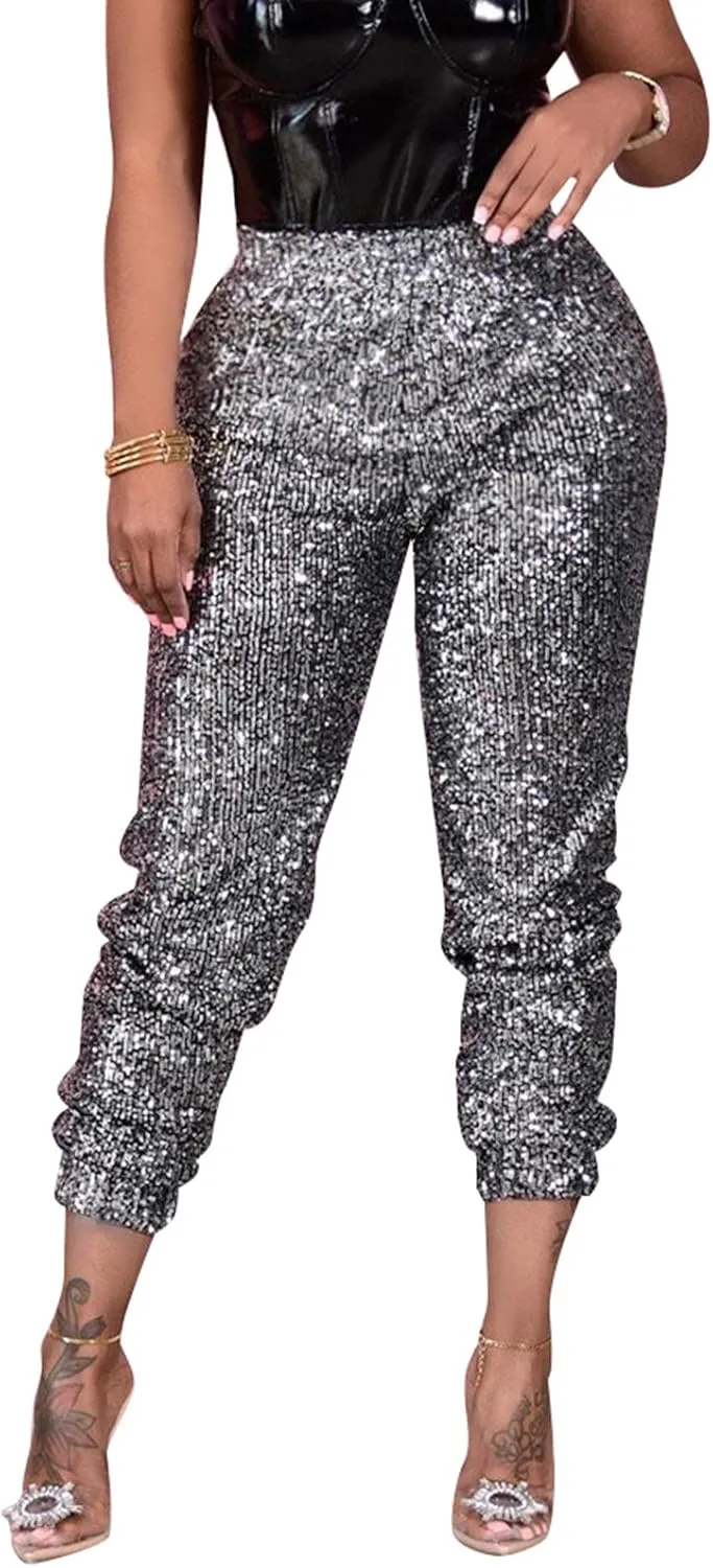 nqgsntc Women Casual Sequin Sparkle Glitter High Waist Pencil Pants Trousers Clubwear