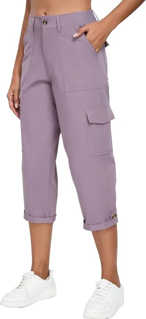 Oalka Women's Cargo Capri Pants Relaxed Fit Knit Waist Cropped Pant Casual Hiking Capris
