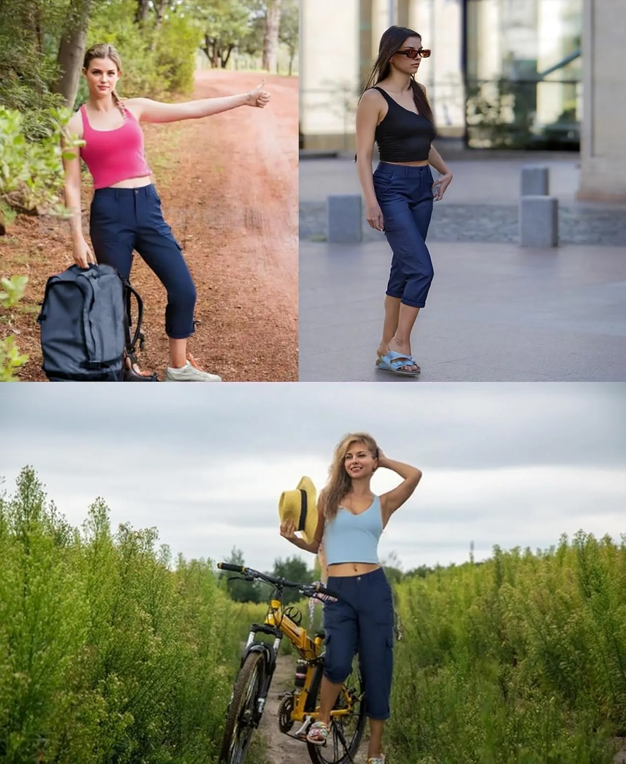 Oalka Women's Cargo Capri Pants Relaxed Fit Knit Waist Cropped Pant Casual Hiking Capris