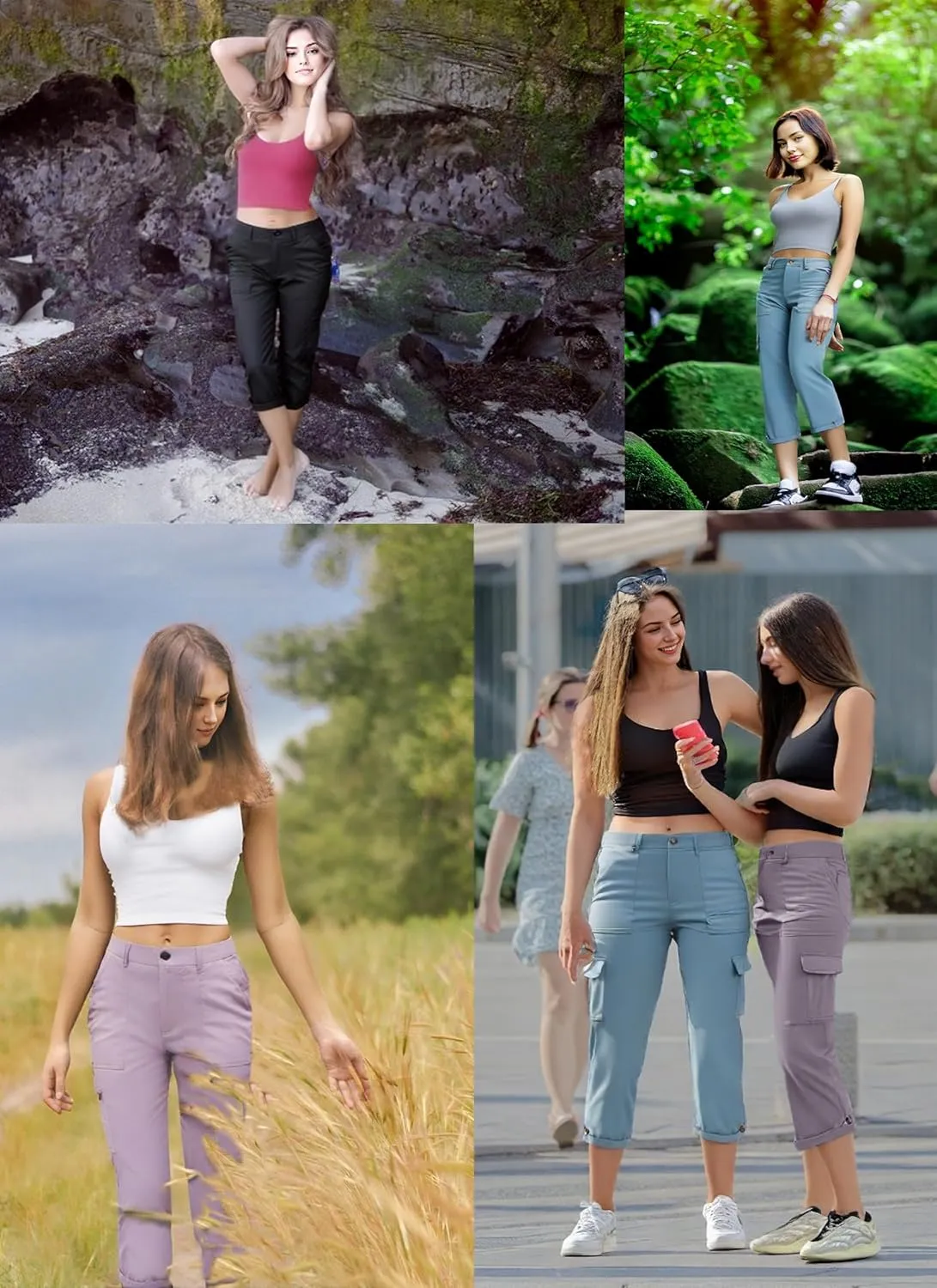 Oalka Women's Cargo Capri Pants Relaxed Fit Knit Waist Cropped Pant Casual Hiking Capris