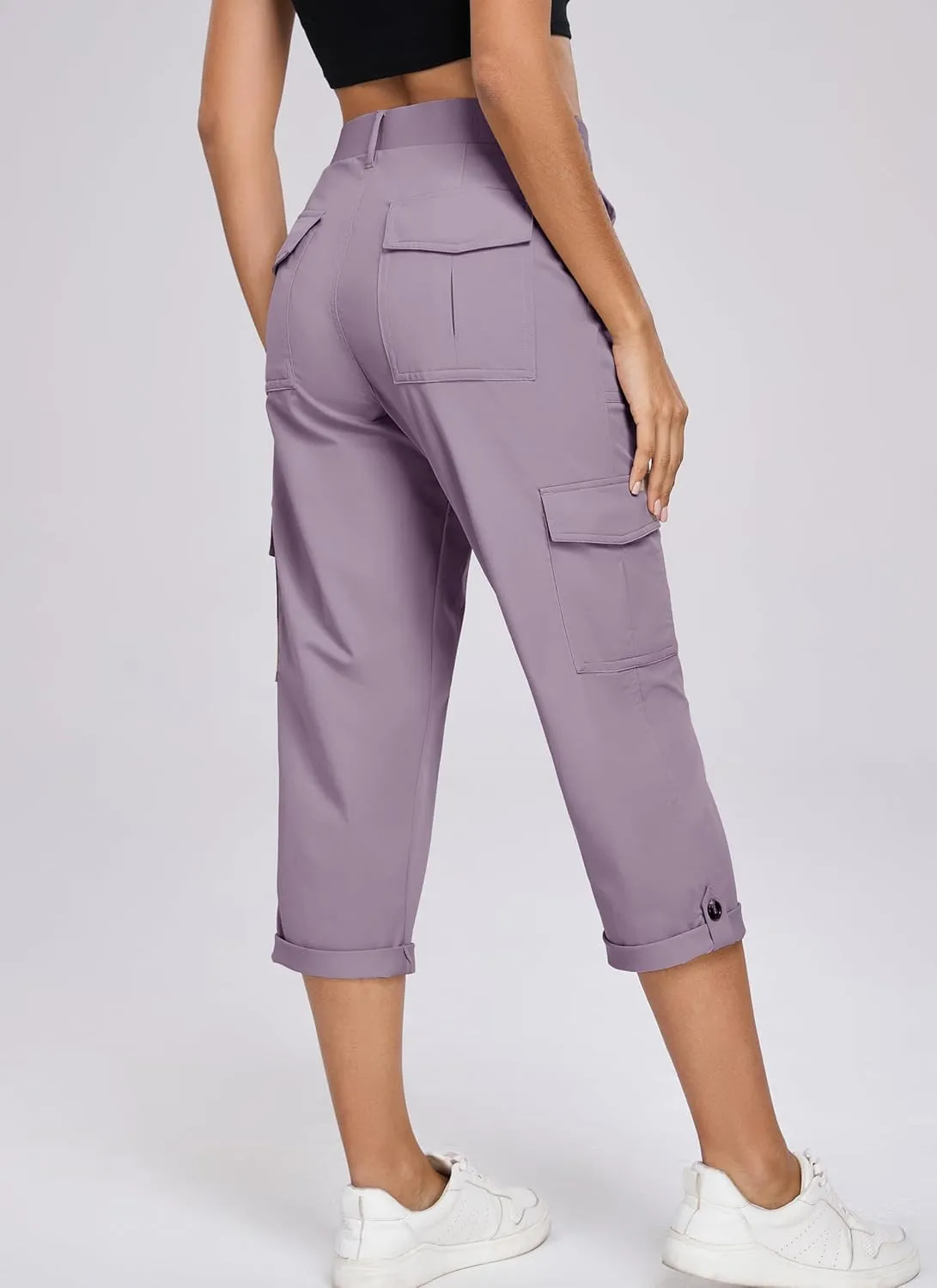 Oalka Women's Cargo Capri Pants Relaxed Fit Knit Waist Cropped Pant Casual Hiking Capris