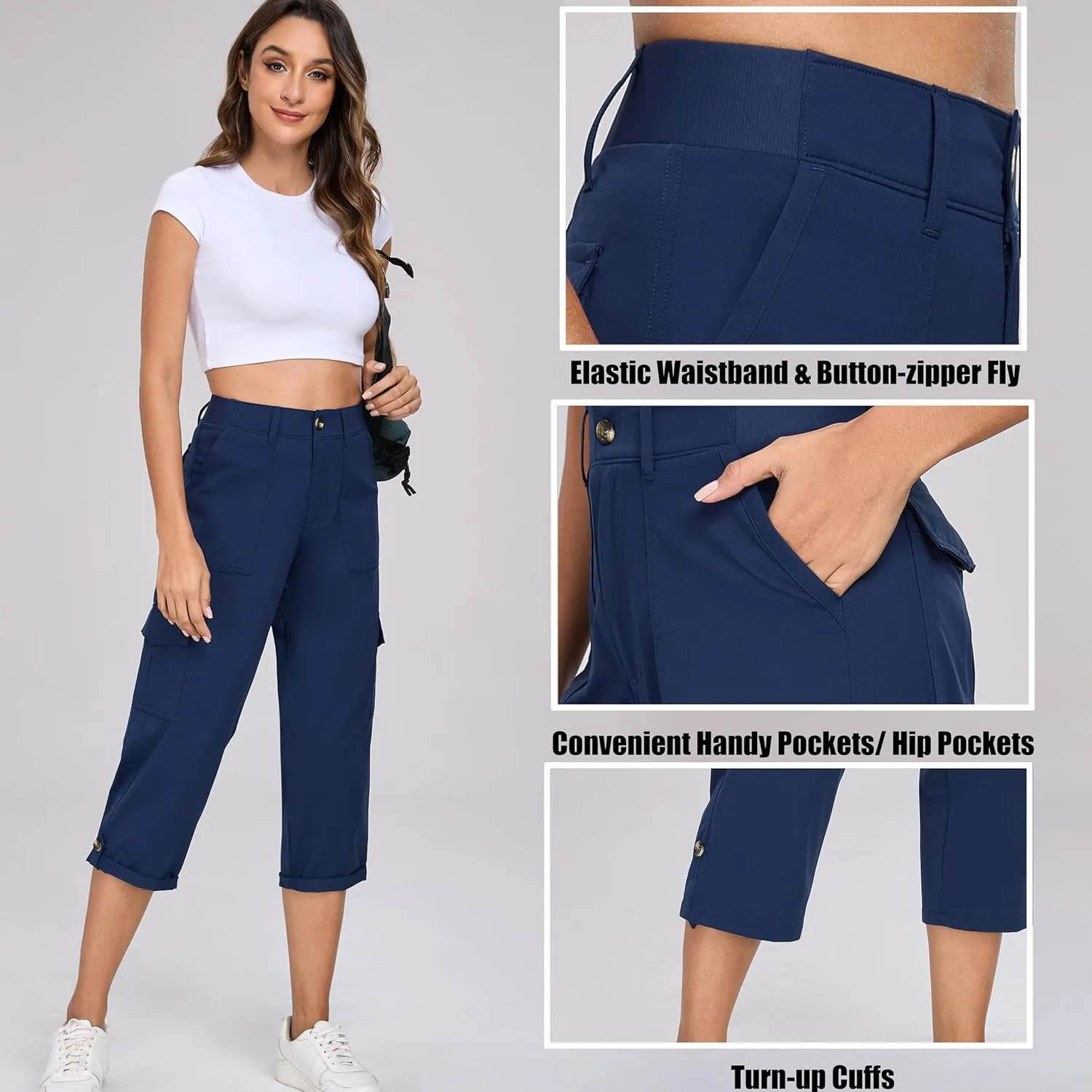 Oalka Women's Cargo Capri Pants Relaxed Fit Knit Waist Cropped Pant Casual Hiking Capris