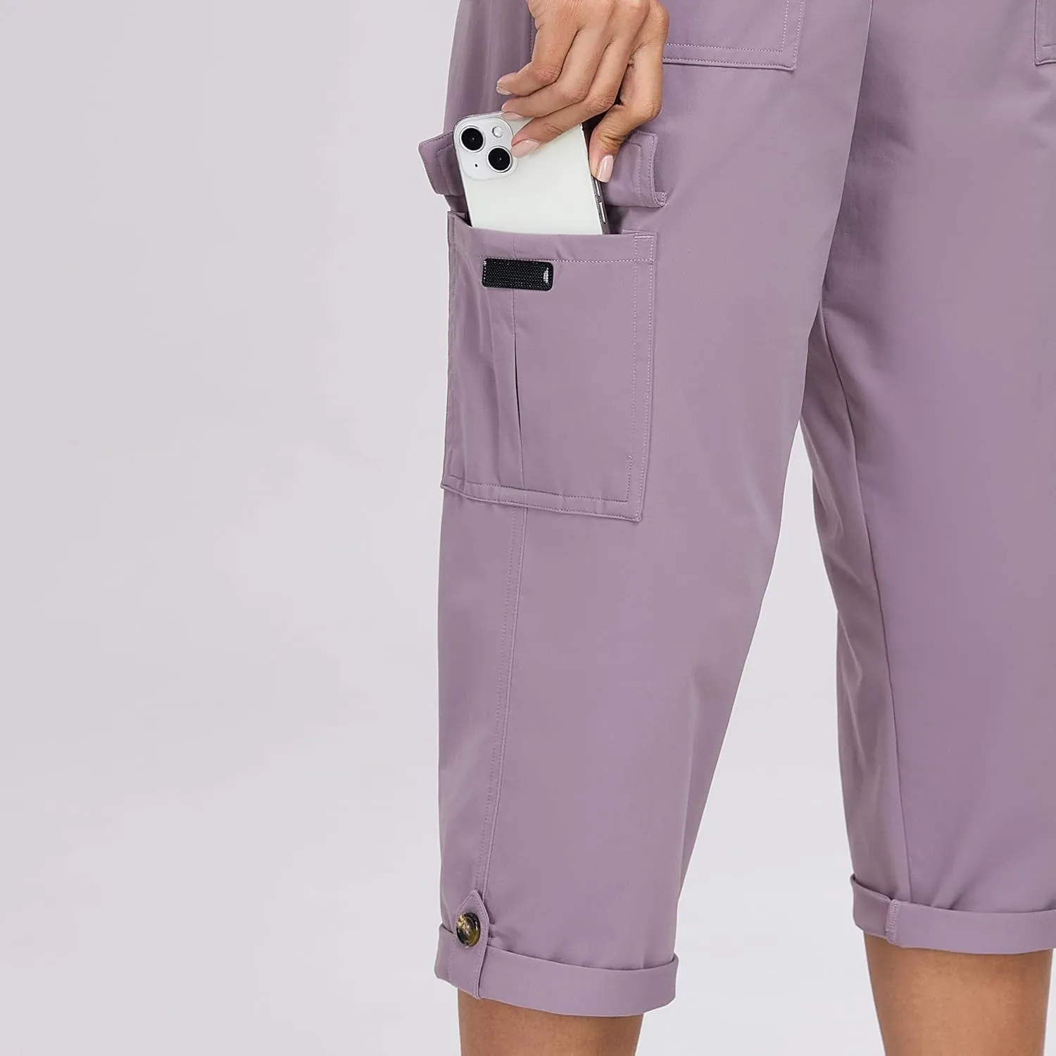 Oalka Women's Cargo Capri Pants Relaxed Fit Knit Waist Cropped Pant Casual Hiking Capris