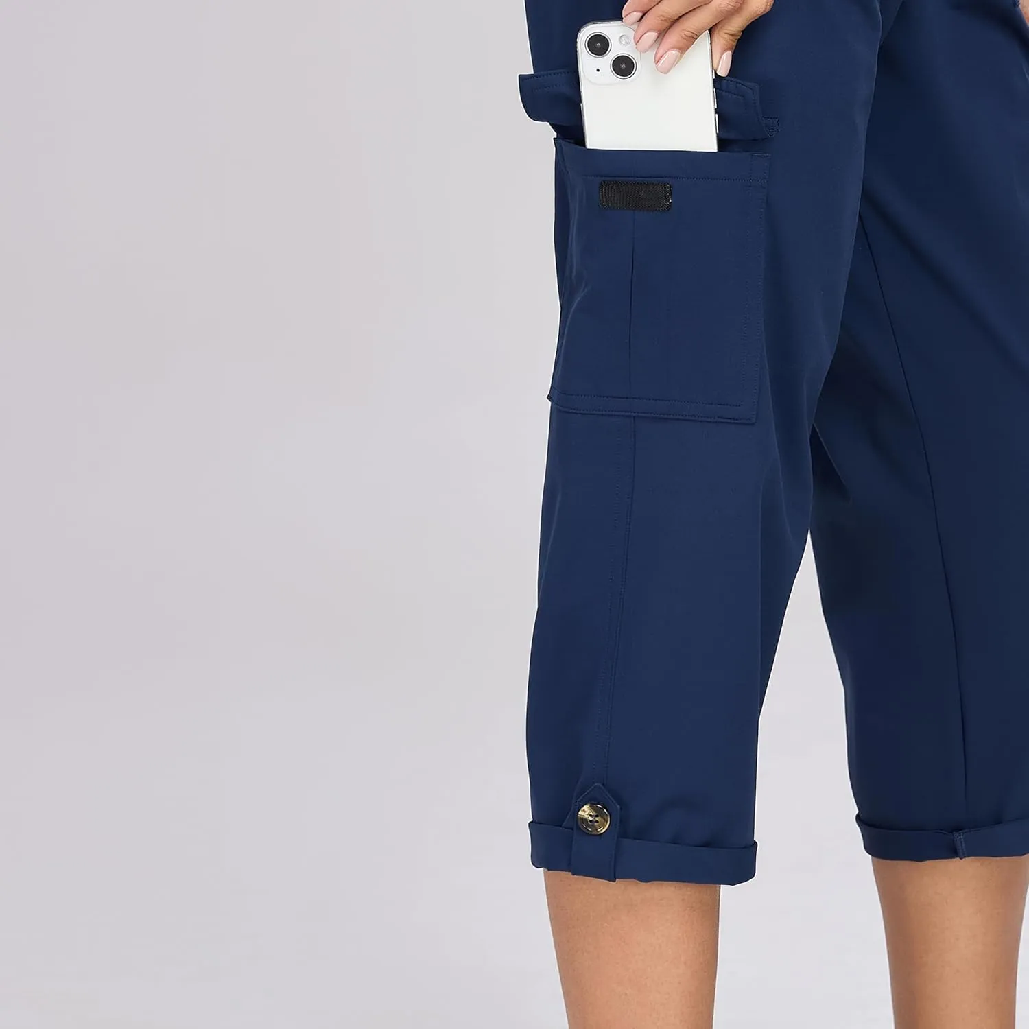 Oalka Women's Cargo Capri Pants Relaxed Fit Knit Waist Cropped Pant Casual Hiking Capris