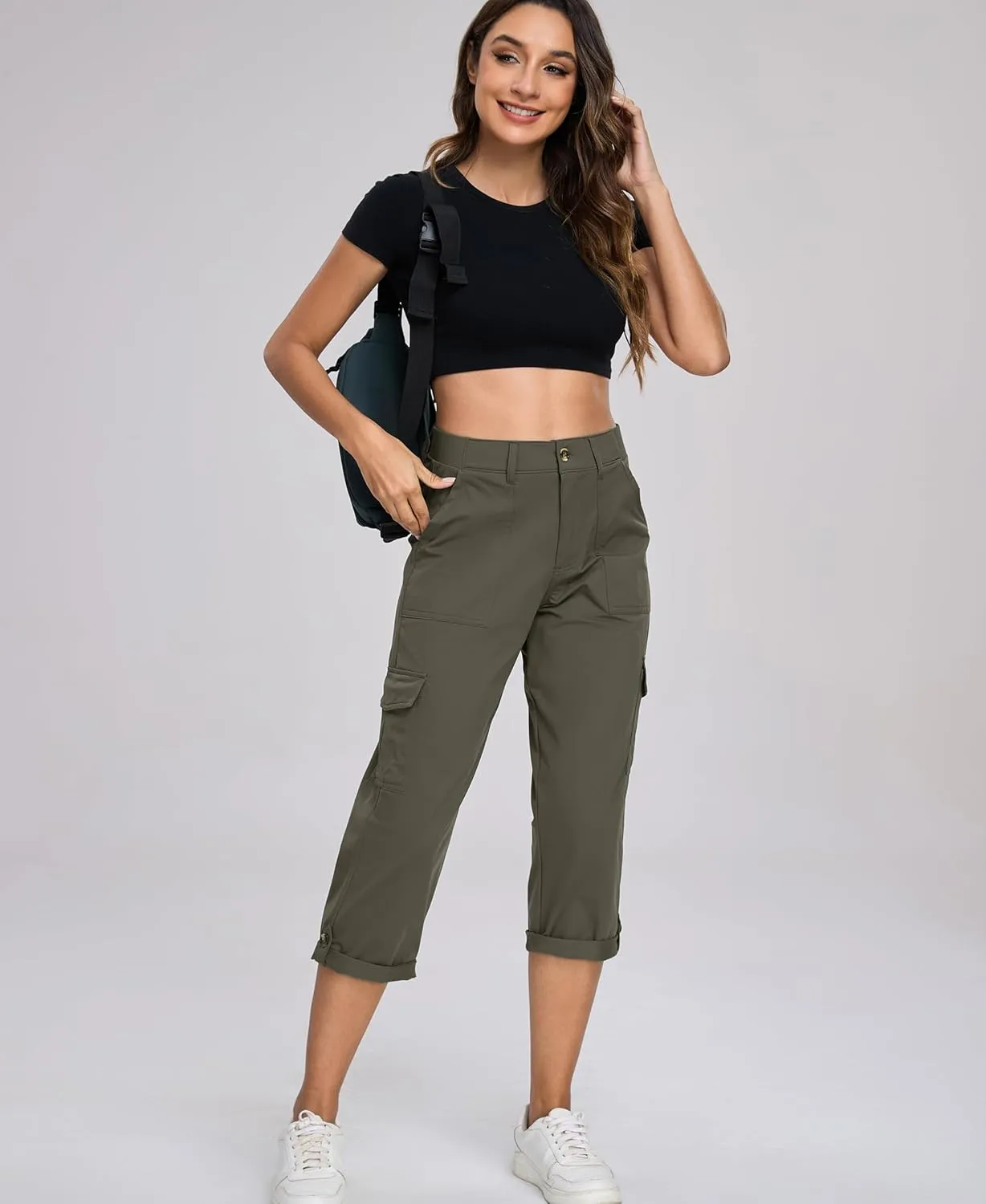 Oalka Women's Cargo Capri Pants Relaxed Fit Knit Waist Cropped Pant Casual Hiking Capris