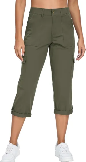 Oalka Women's Cargo Capri Pants Relaxed Fit Knit Waist Cropped Pant Casual Hiking Capris