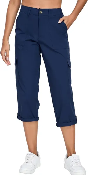 Oalka Women's Cargo Capri Pants Relaxed Fit Knit Waist Cropped Pant Casual Hiking Capris
