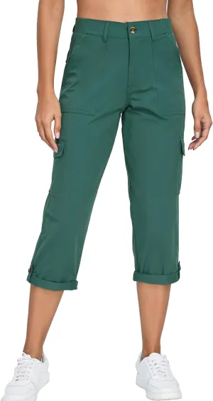 Oalka Women's Cargo Capri Pants Relaxed Fit Knit Waist Cropped Pant Casual Hiking Capris