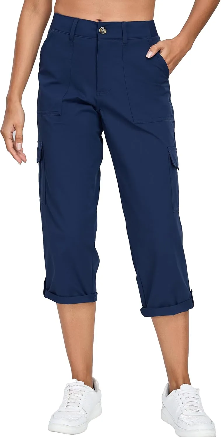 Oalka Women's Cargo Capri Pants Relaxed Fit Knit Waist Cropped Pant Casual Hiking Capris