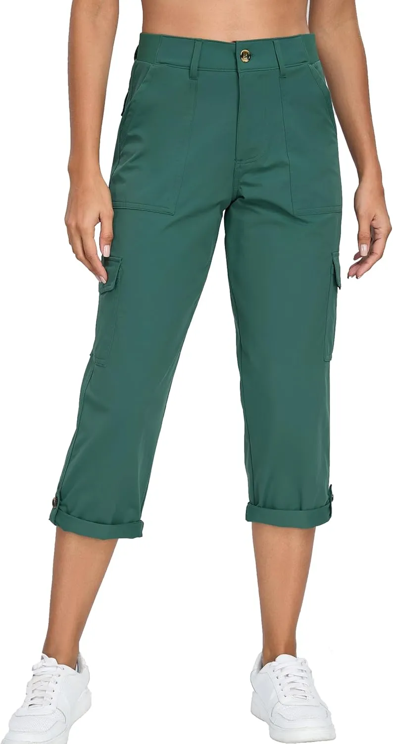 Oalka Women's Cargo Capri Pants Relaxed Fit Knit Waist Cropped Pant Casual Hiking Capris