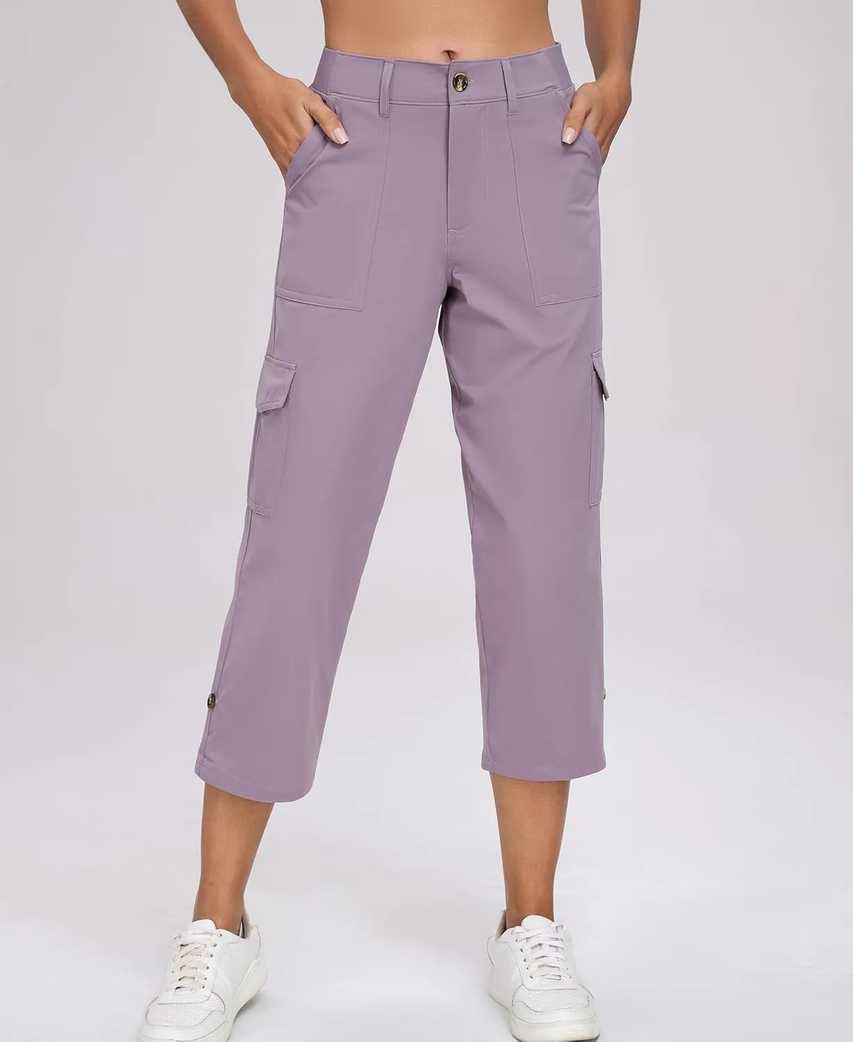 Oalka Women's Cargo Capri Pants Relaxed Fit Knit Waist Cropped Pant Casual Hiking Capris