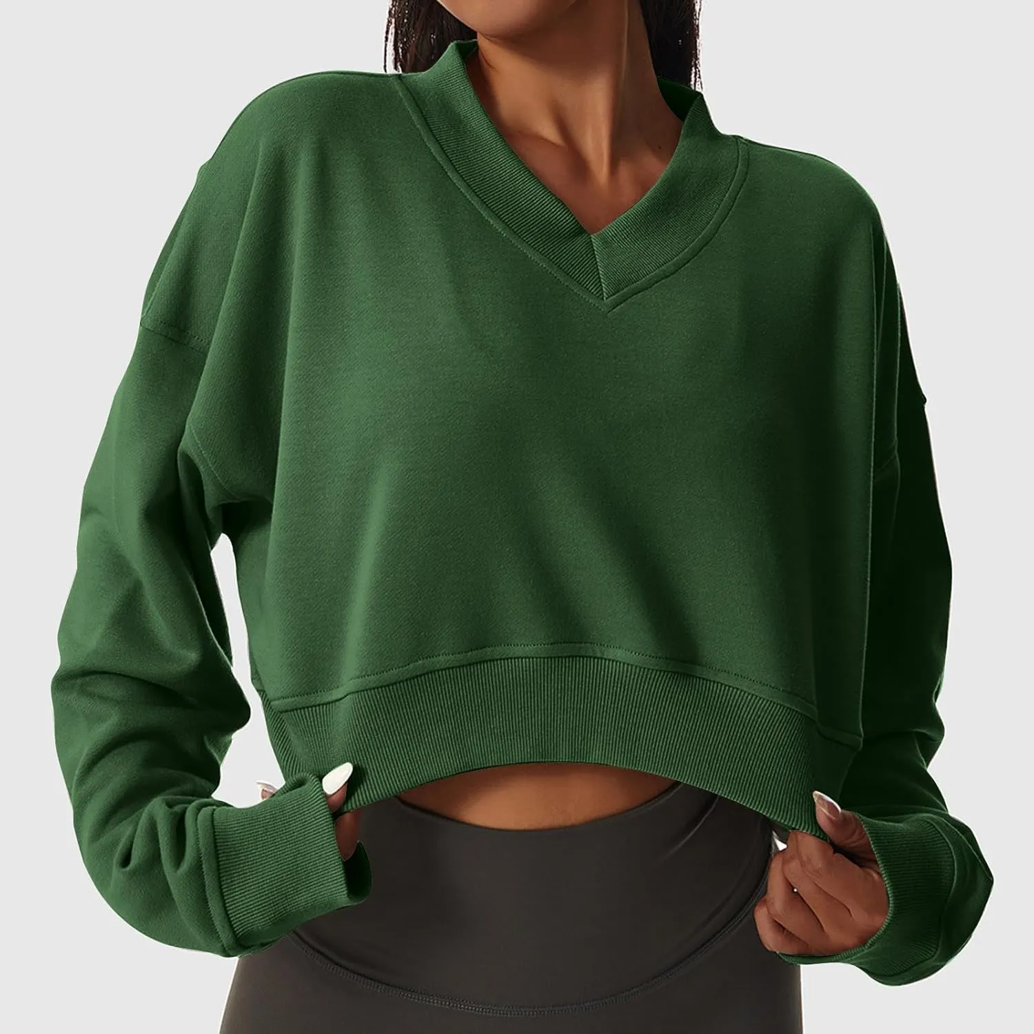 Oversized Sweatshirt Women Loose Fit v Neck Fleece Lined Cropped Shirts Drop Sleeve Solid Pullover Hoodies No Hood