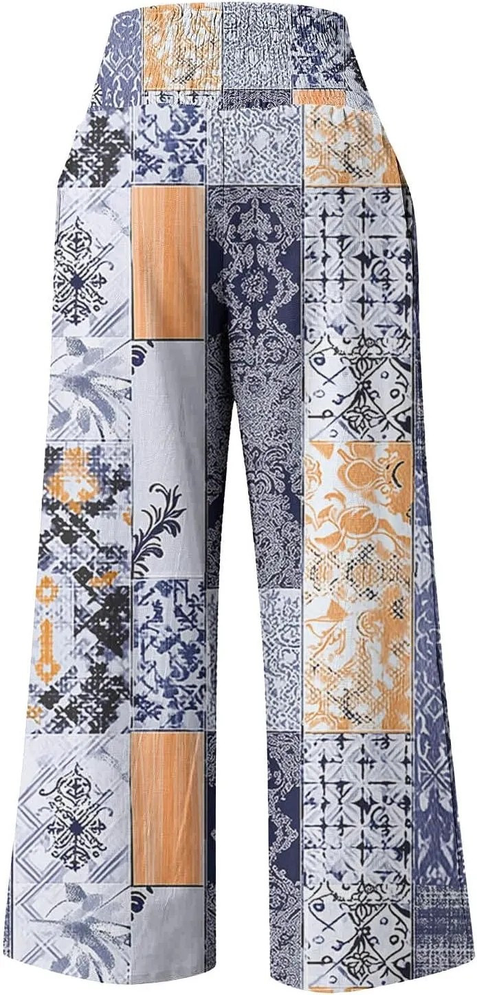 Palazzo Cotton Linen Pants Women Novelty Graphic Elastic High Waist Straight Leg Trousers Summer Casual Beach Pant