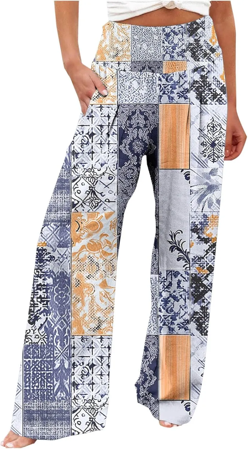 Palazzo Cotton Linen Pants Women Novelty Graphic Elastic High Waist Straight Leg Trousers Summer Casual Beach Pant