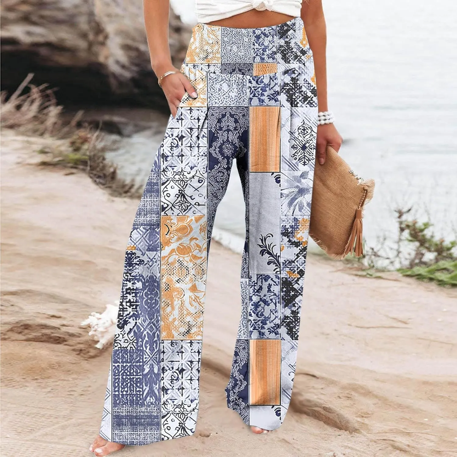 Palazzo Cotton Linen Pants Women Novelty Graphic Elastic High Waist Straight Leg Trousers Summer Casual Beach Pant