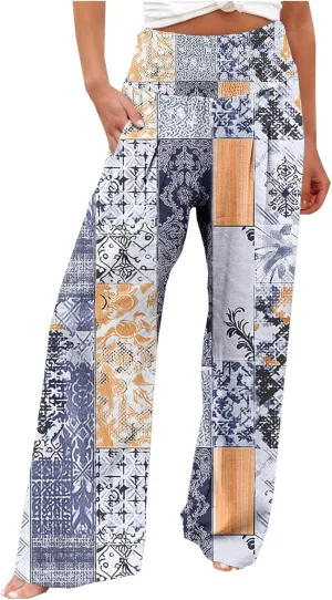 Palazzo Cotton Linen Pants Women Novelty Graphic Elastic High Waist Straight Leg Trousers Summer Casual Beach Pant