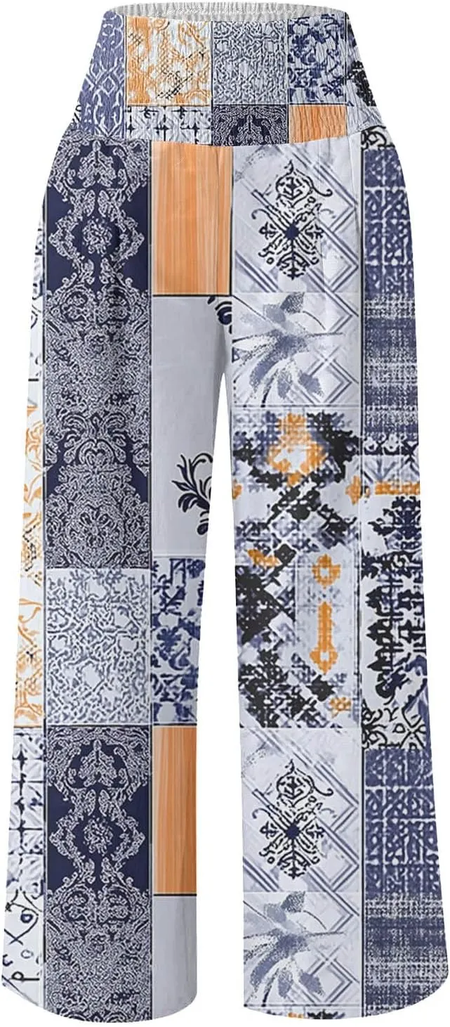 Palazzo Cotton Linen Pants Women Novelty Graphic Elastic High Waist Straight Leg Trousers Summer Casual Beach Pant