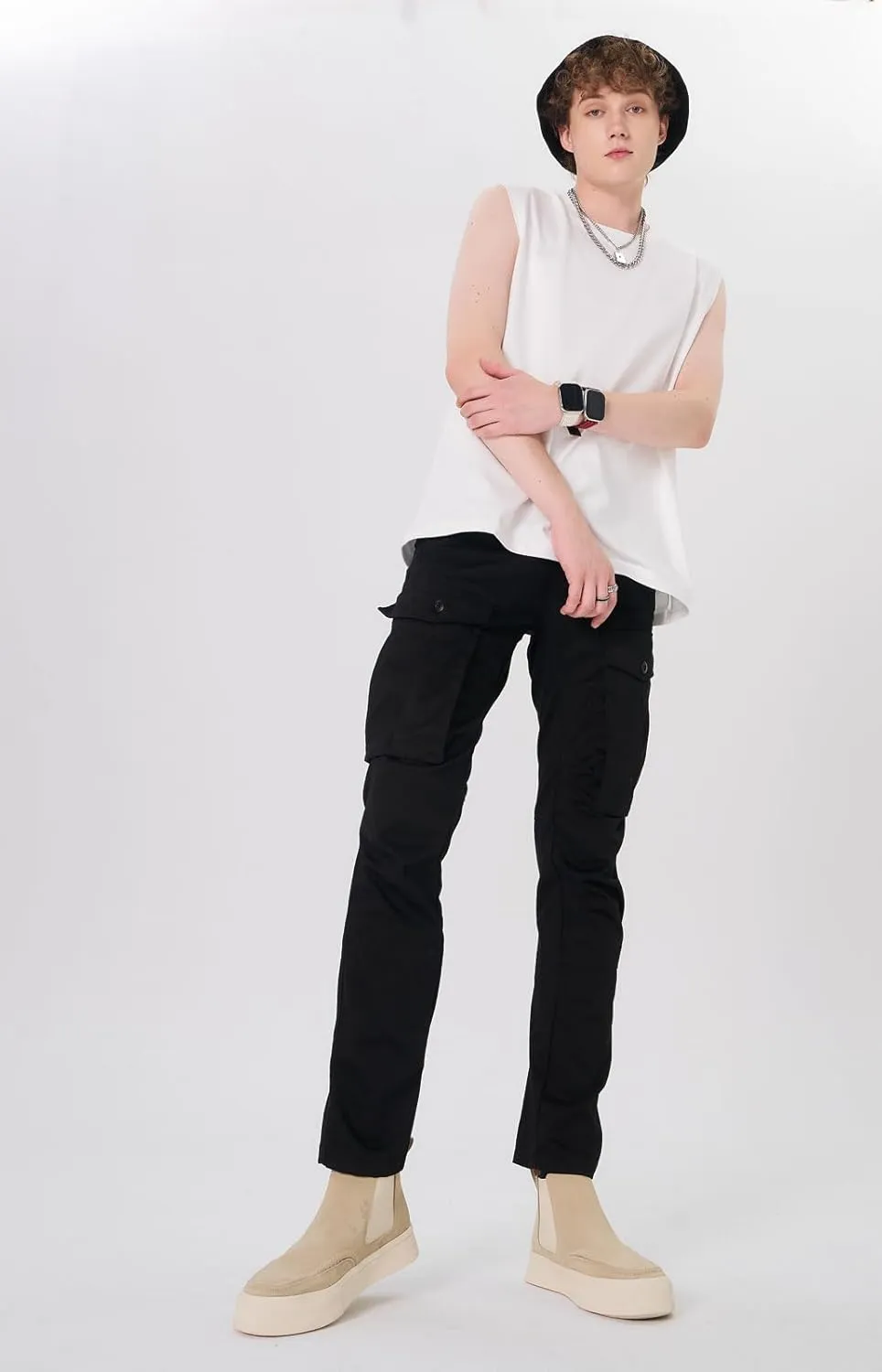 Plaid&Plain Men's Cargo Pants Slim Fit with Articulated Knees