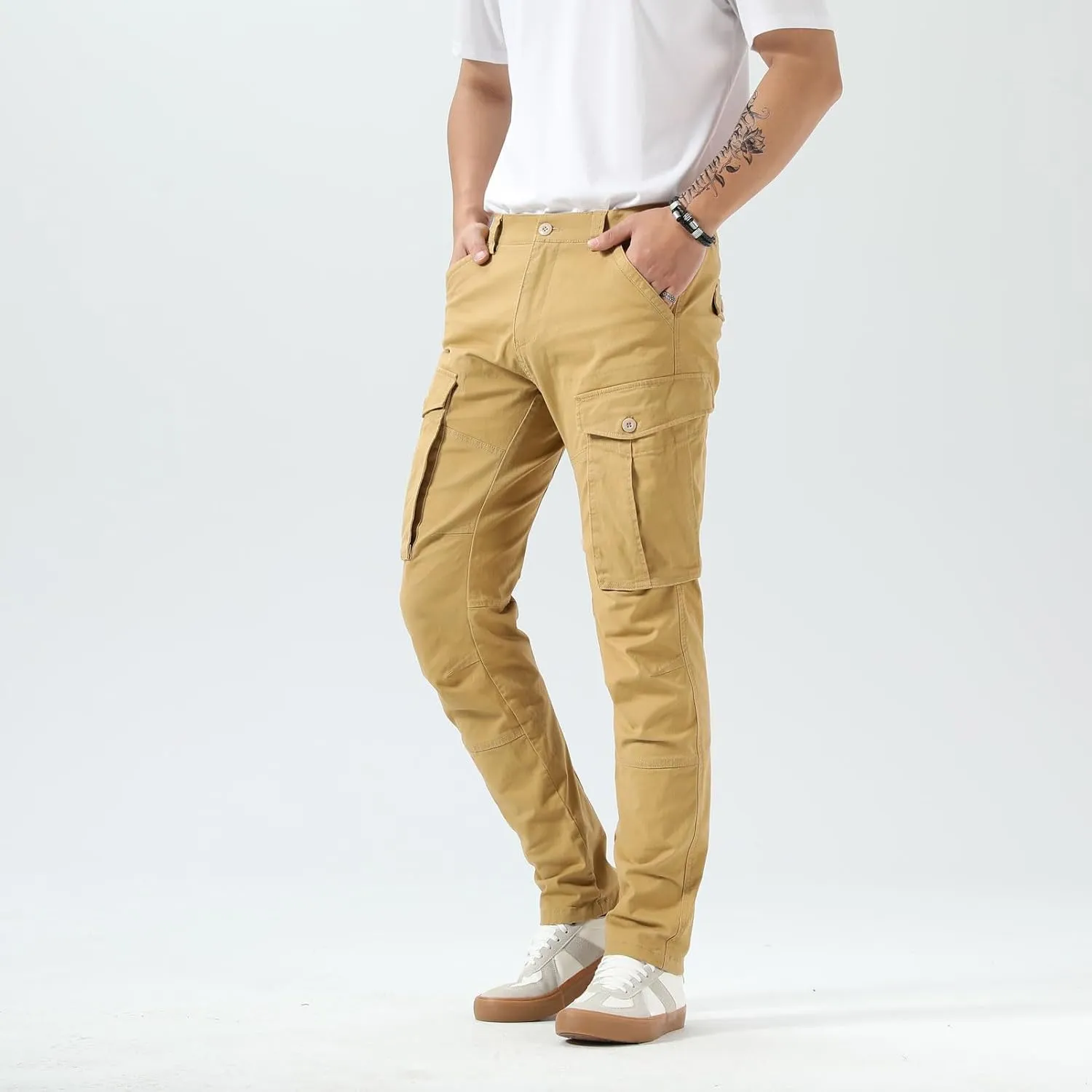Plaid&Plain Men's Cargo Pants Slim Fit with Articulated Knees