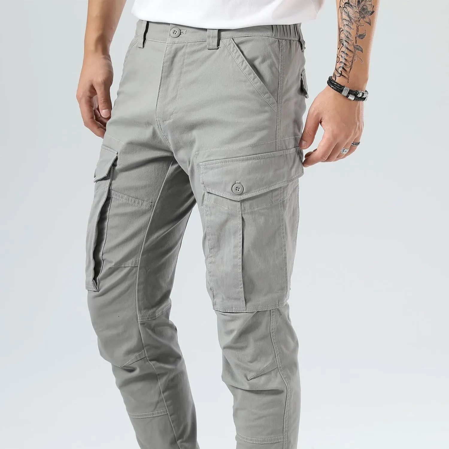 Plaid&Plain Men's Cargo Pants Slim Fit with Articulated Knees