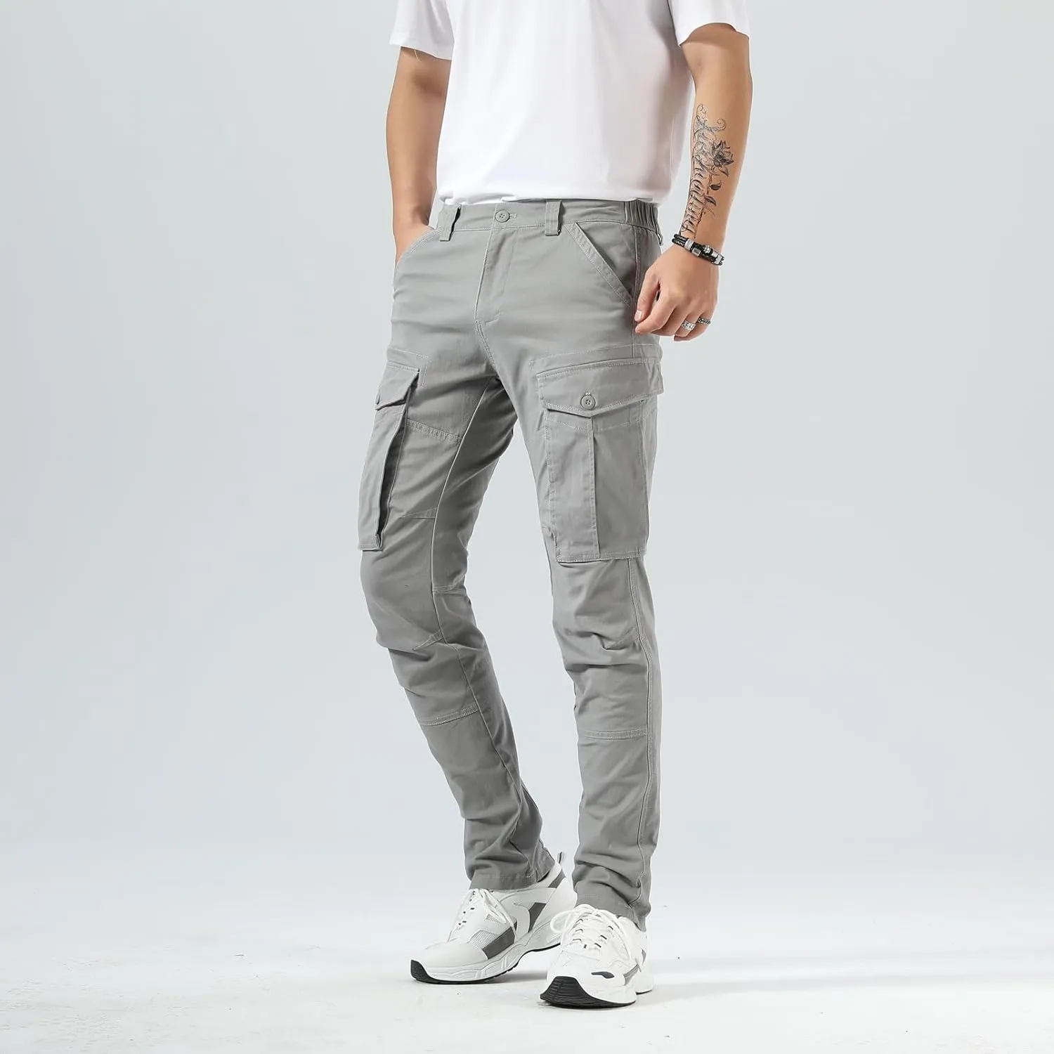Plaid&Plain Men's Cargo Pants Slim Fit with Articulated Knees
