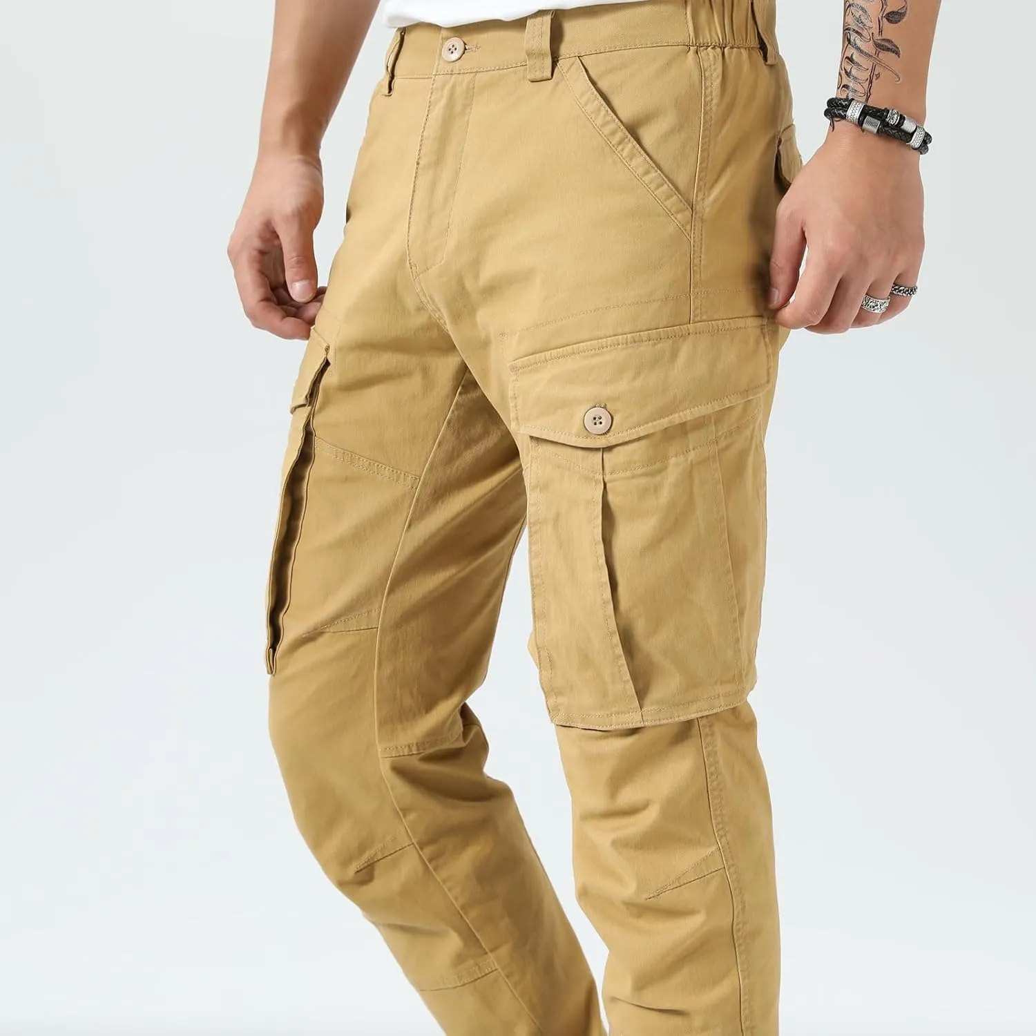 Plaid&Plain Men's Cargo Pants Slim Fit with Articulated Knees