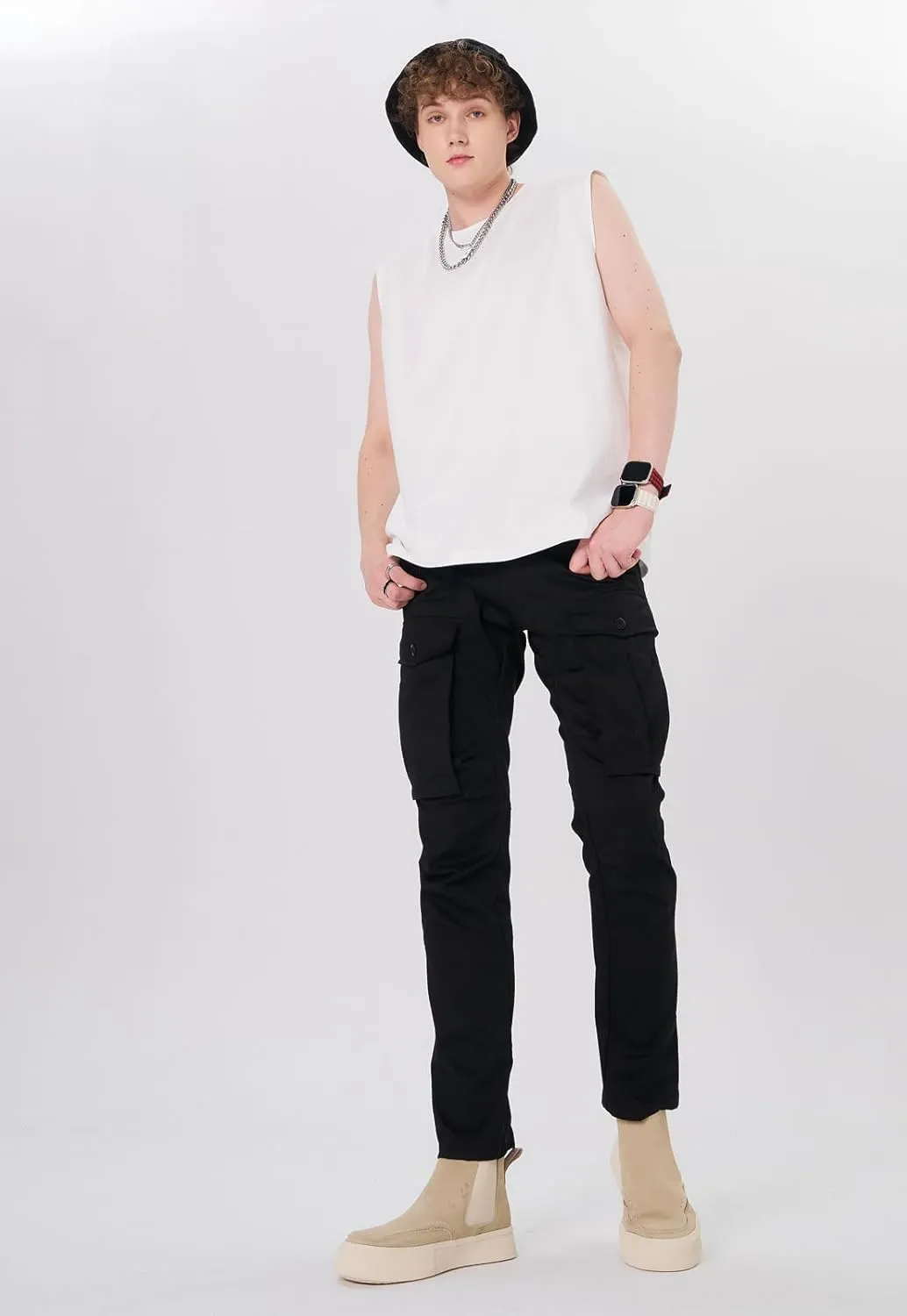 Plaid&Plain Men's Cargo Pants Slim Fit with Articulated Knees