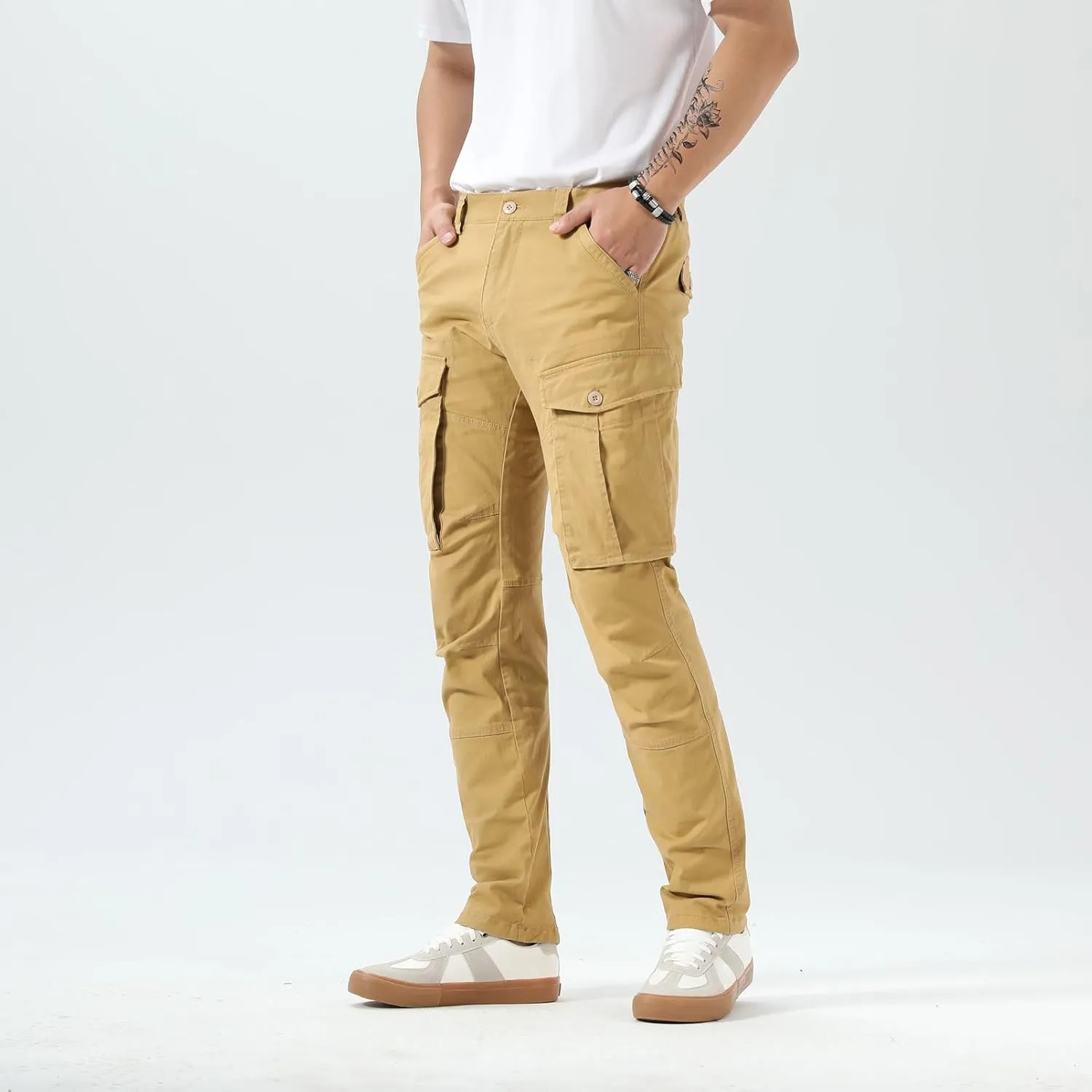Plaid&Plain Men's Cargo Pants Slim Fit with Articulated Knees
