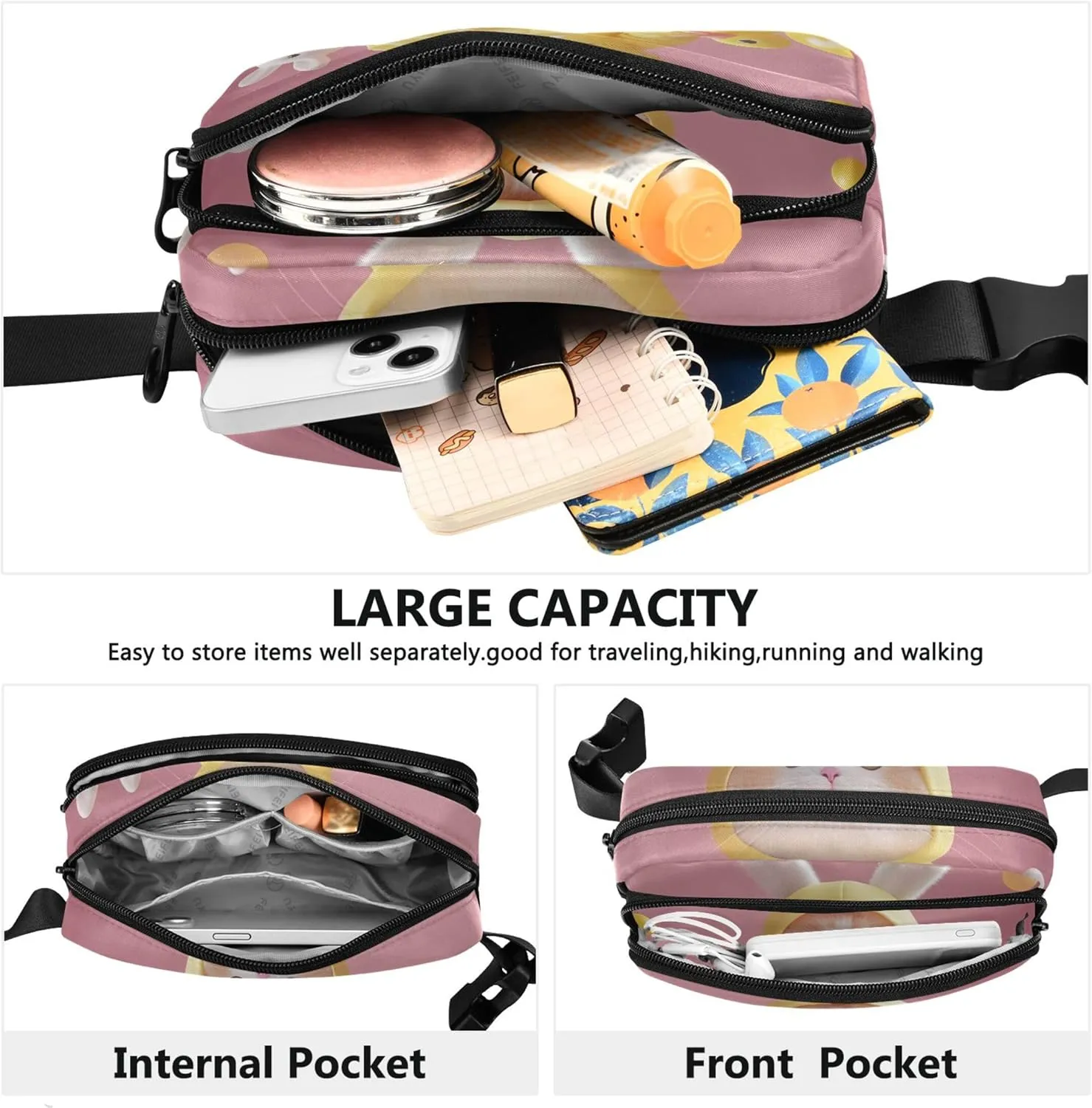 Playful Bunny Cat Animals Pink Waterproof Womens Fanny Pack Belt Bag Hip Pouch Designer Travel Waist Pack for Men