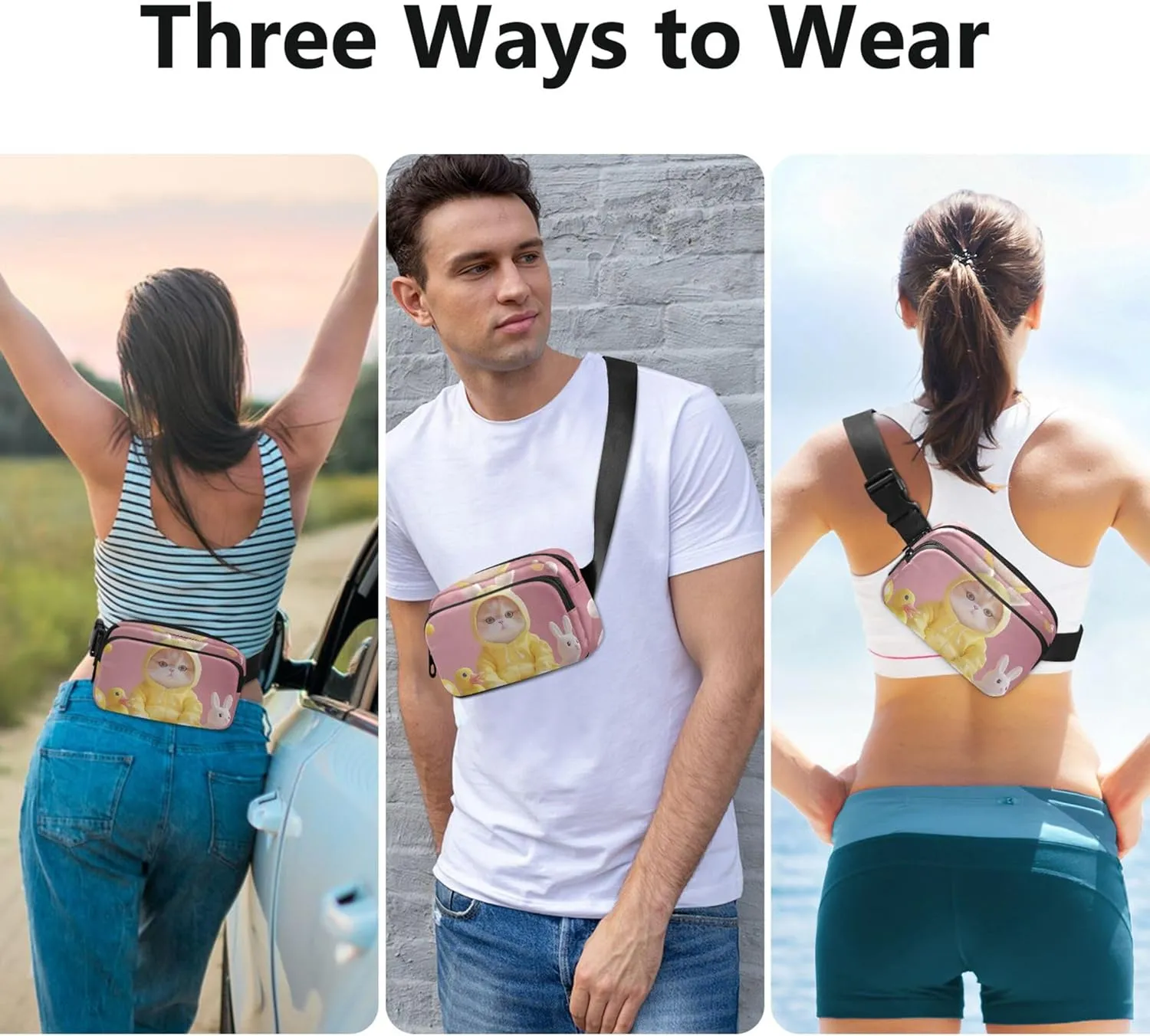 Playful Bunny Cat Animals Pink Waterproof Womens Fanny Pack Belt Bag Hip Pouch Designer Travel Waist Pack for Men